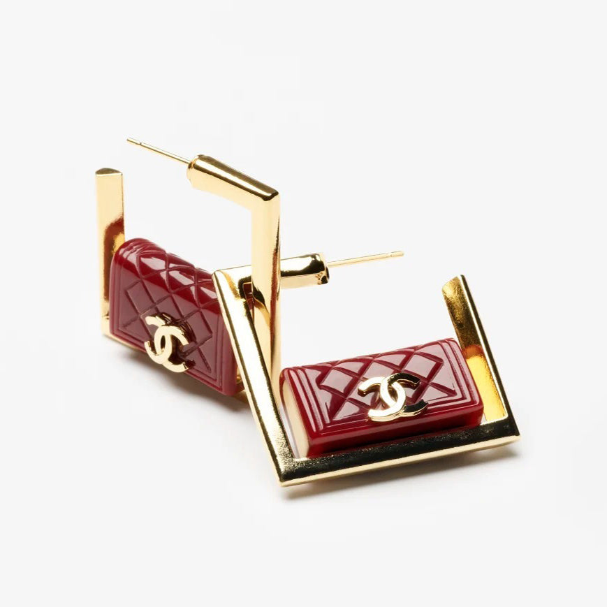 18K  Chanel Red Bag Hoop Earrings