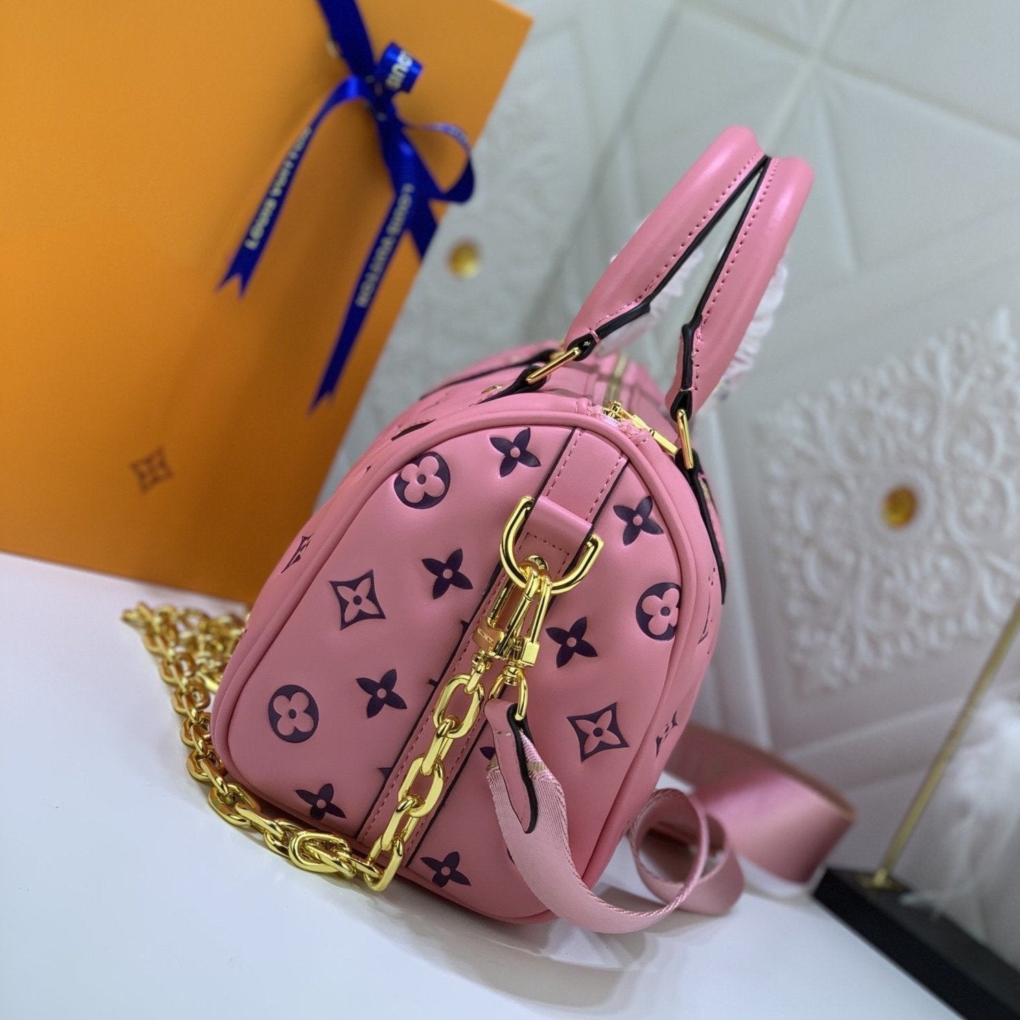 LOUIS VUITTON SPEEDY 22 PINK BLACK MONOGRAM EMBOSSED LAMBSKIN