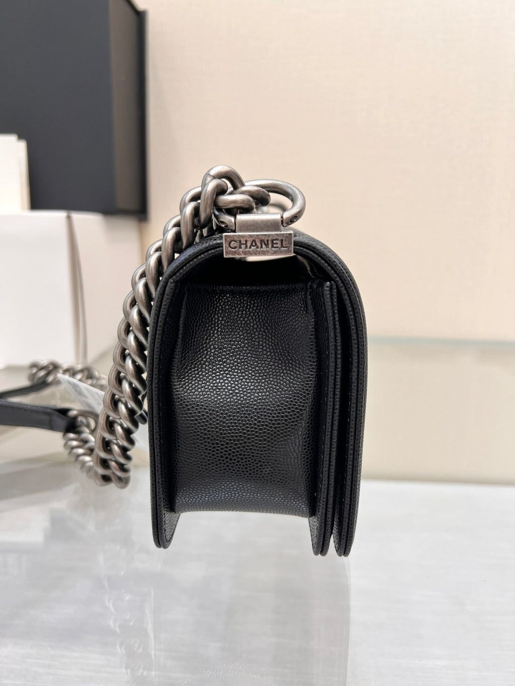 CHANEL BOY BAG SMALL 20 BLACK CHEVRON CAVIAR RUTHENIUM HARDWARE