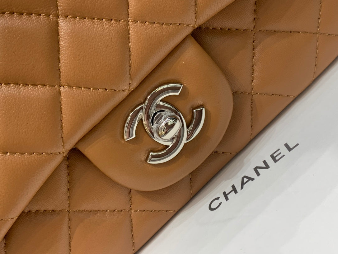 CHANEL MINI SQUARE FLAP BAG 17CM BROWN LAMBSKIN SILVER HARDWARE