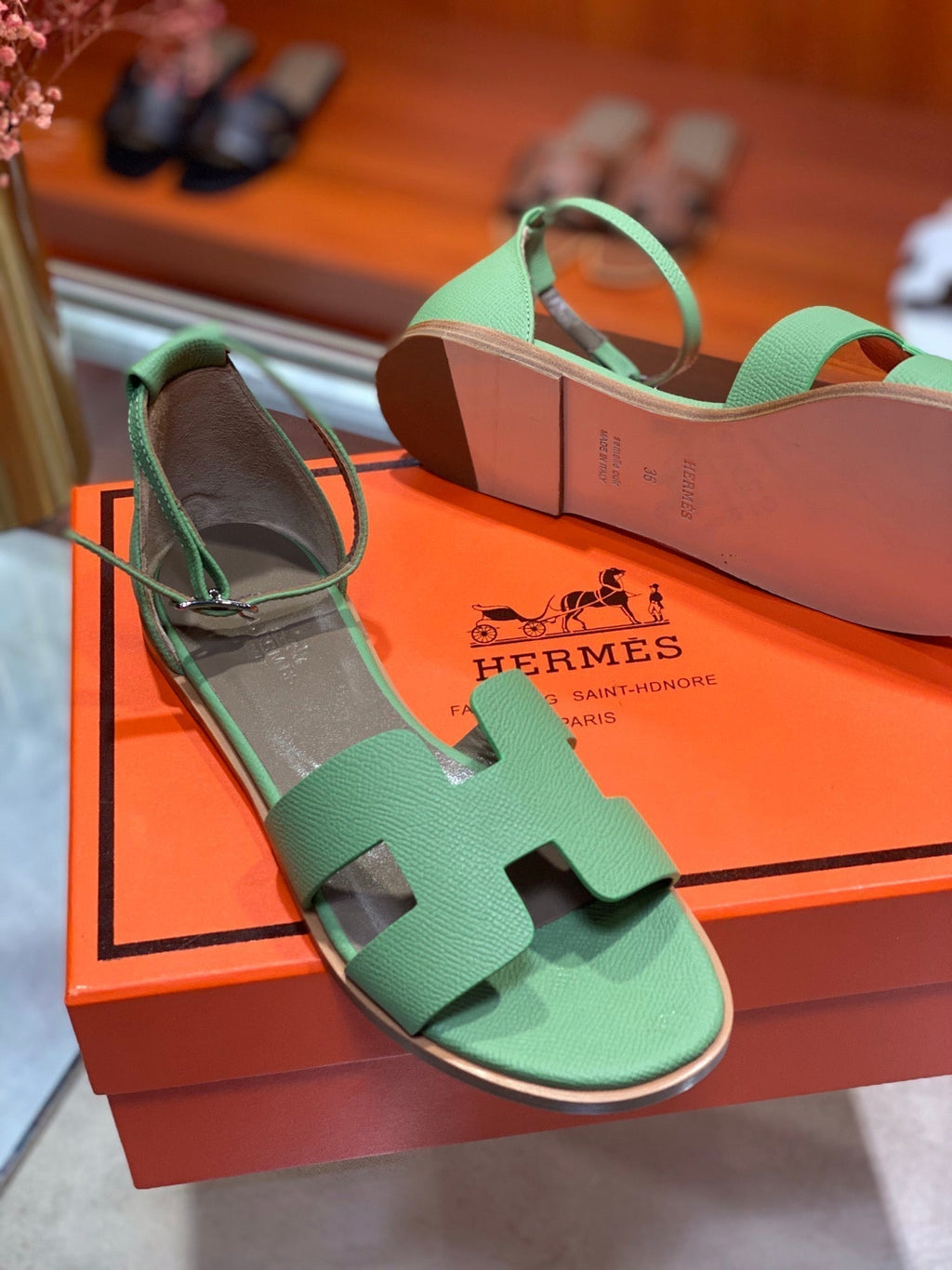 HERMES SANTORINI SANDAL COOL GREEN CALFSKIN
