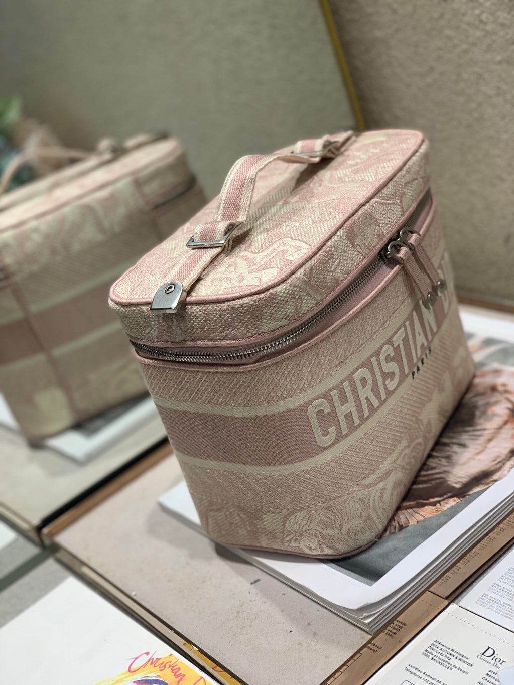 DIOR CROSSBODY MINI 18 VANITY CASE IN PEACH PINK MONOGRAM OBLIQUE JACQUARD