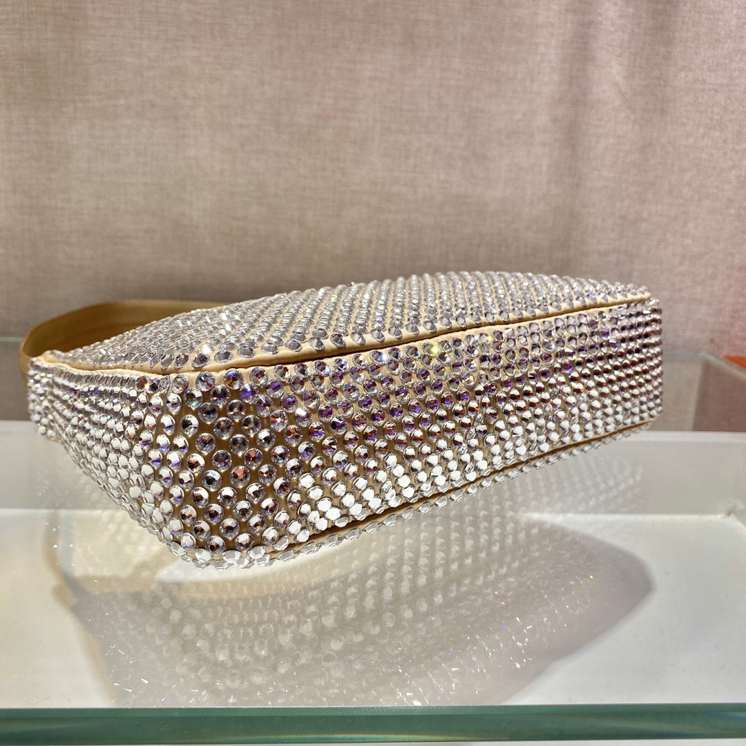 PRADA SPARKLING HOBO BAG 23 IN BEIGE NYLON ATTACHED FULLY CRYSTALS