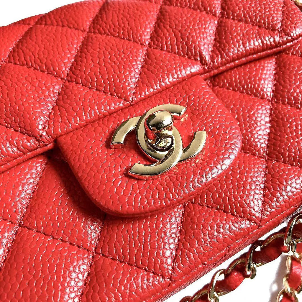 CHANEL MINI SQUARE FLAP BAG 17CM RED CAVIAR GOLD HARDWARE