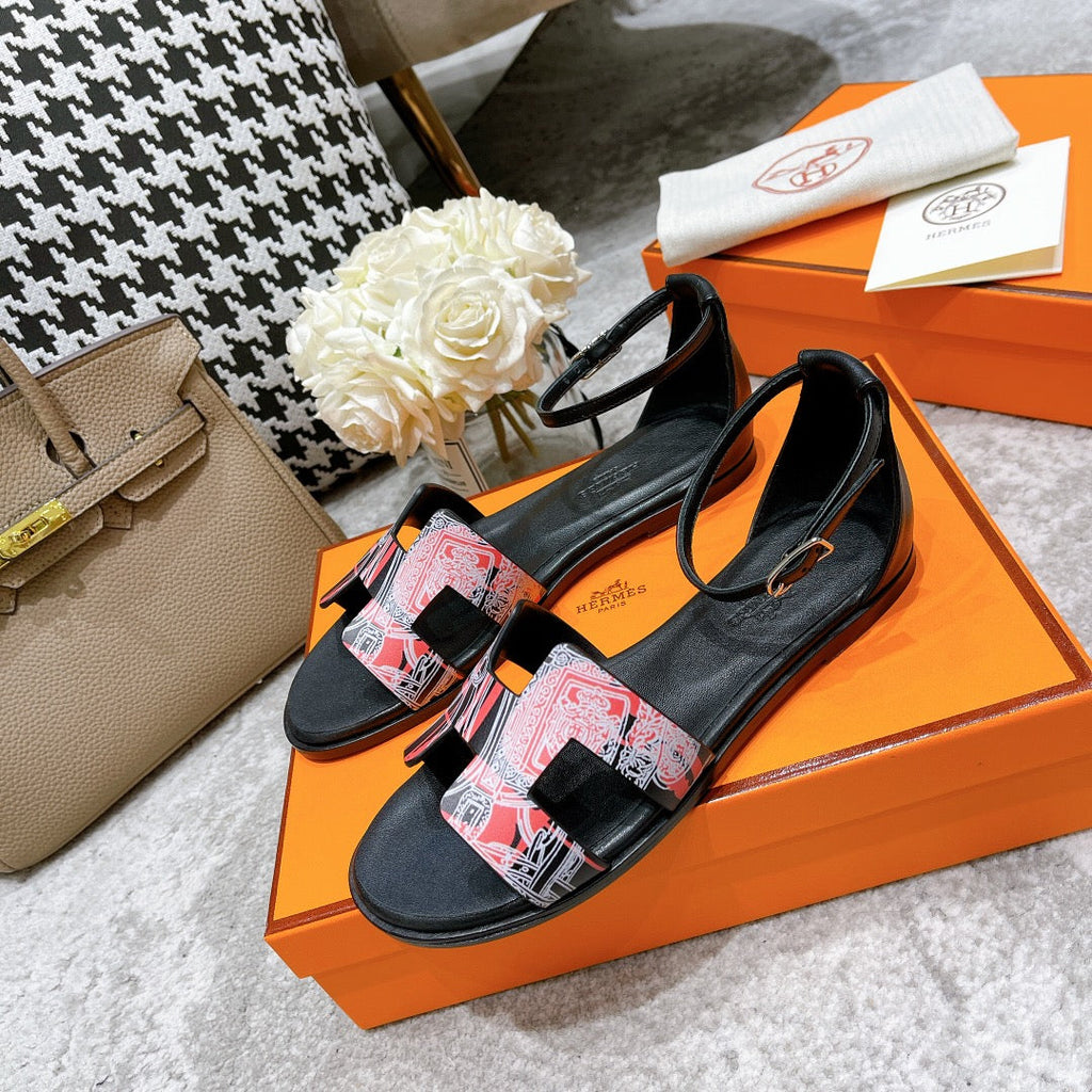 HERMES SANTORINI SANDAL BLACK CALFSKIN WITH PATTERN