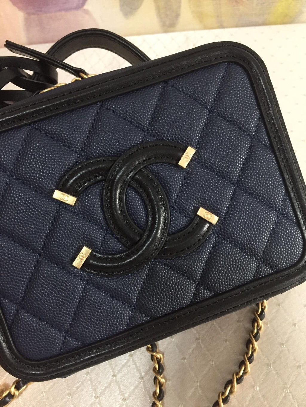 CHANEL MINI 17 VANITY CASE IN AEGEAN BLUE MIX BLACK CALFSKIN GOLD HARDWARE