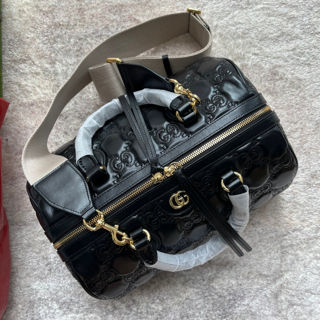 GUCCI MATELASSÉ TOP HANDLE BAG 31 IN BLACK EMBOSSED CALFSKIN GOLD HARDWARE
