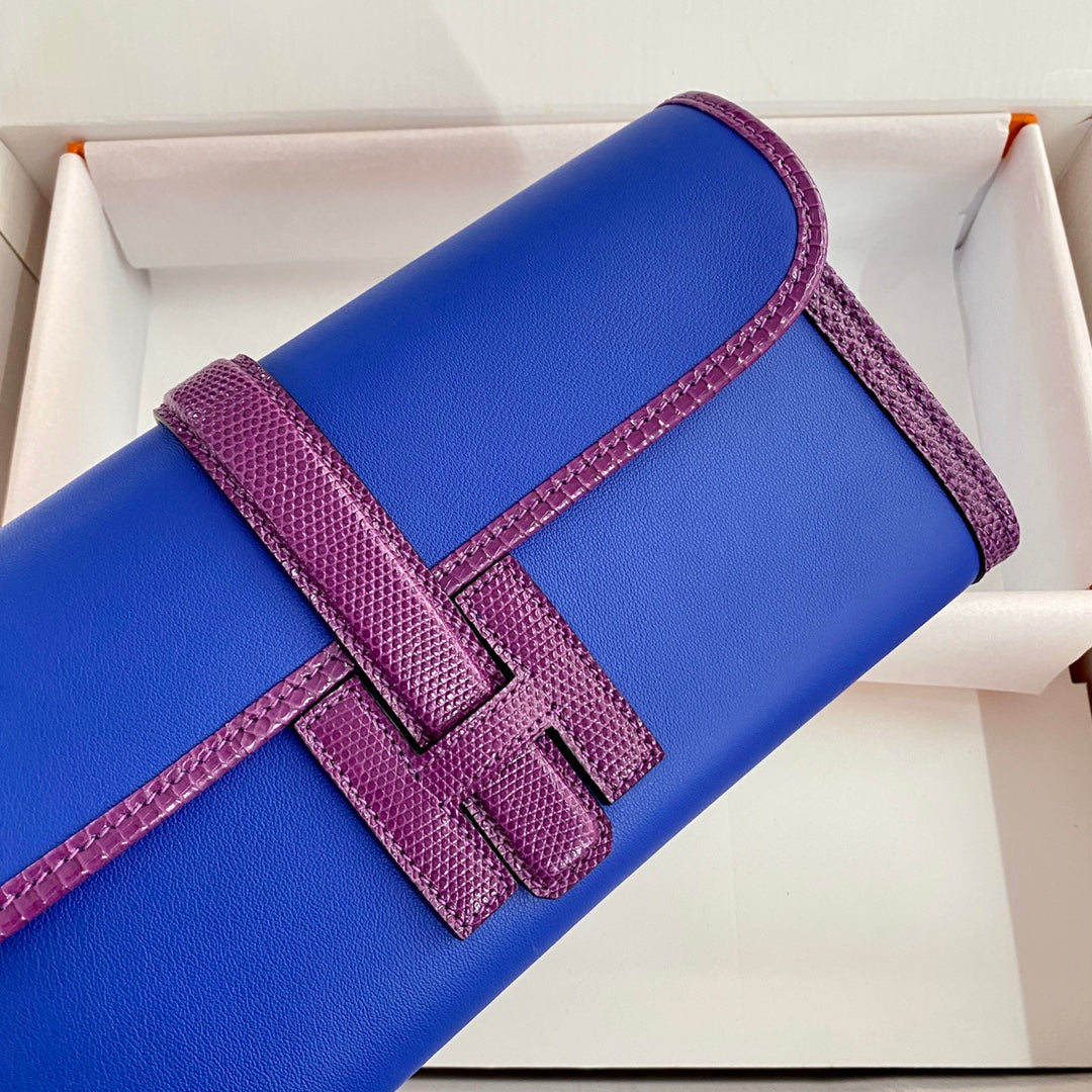 HERMES JIGE ELAN 29 CLUTCH IN COBALT BLUE CALFSKIN WITH VIOLET PURPLE LIZARD SKIN