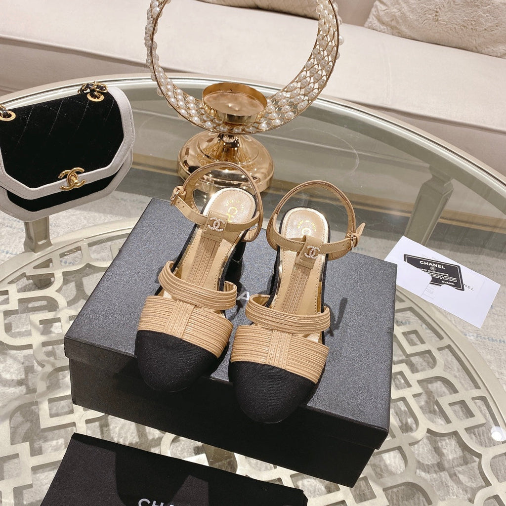 CHANEL Double C  Heeled Sandals Tan Cream Lambskin