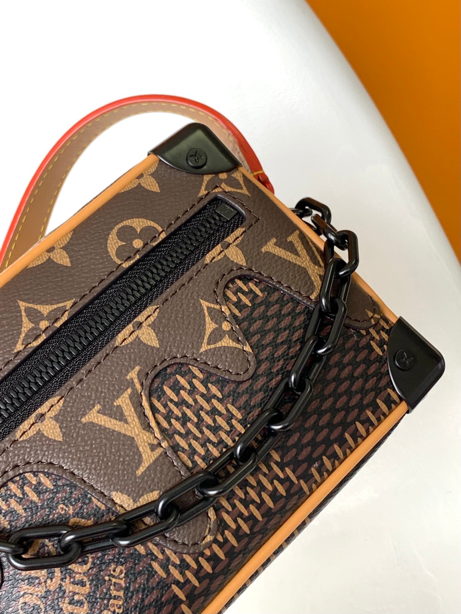 LOUIS VUITTON MINI SOFT TRUNK 18 IN BROWN DAMIER EBENE COATED CANVAS BLACK CHAIN