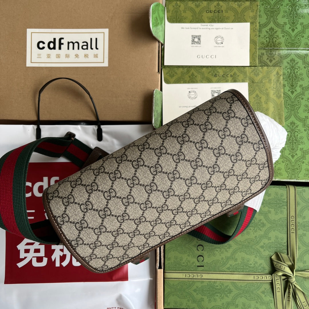 GUCCI OPHIDIA MEDIUM MESSENGER BAG 27 IN BEIGE AND EBONY  CALFSKIN GREEN RED WEB STRIPE CANVAS