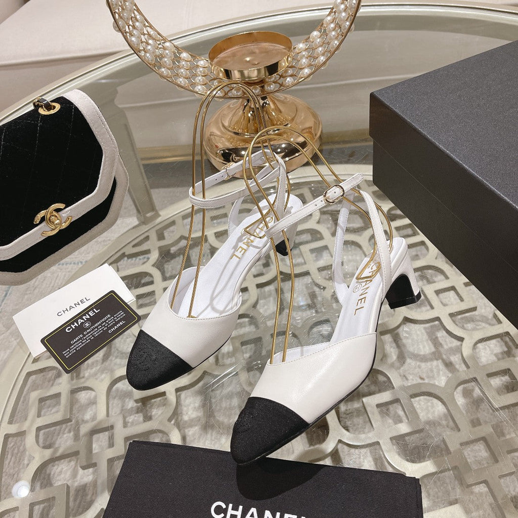 CHANEL high slingbacks white black lambskin grosgrain