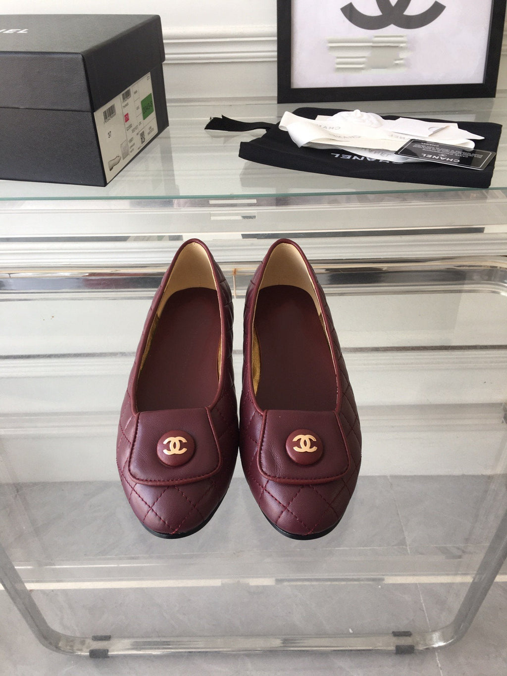 CHANEL ballet flat quilted wine gold  lock