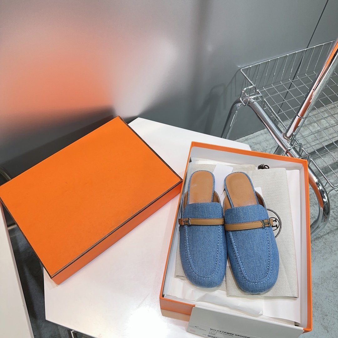HERMES Lena Mule Blue Denim