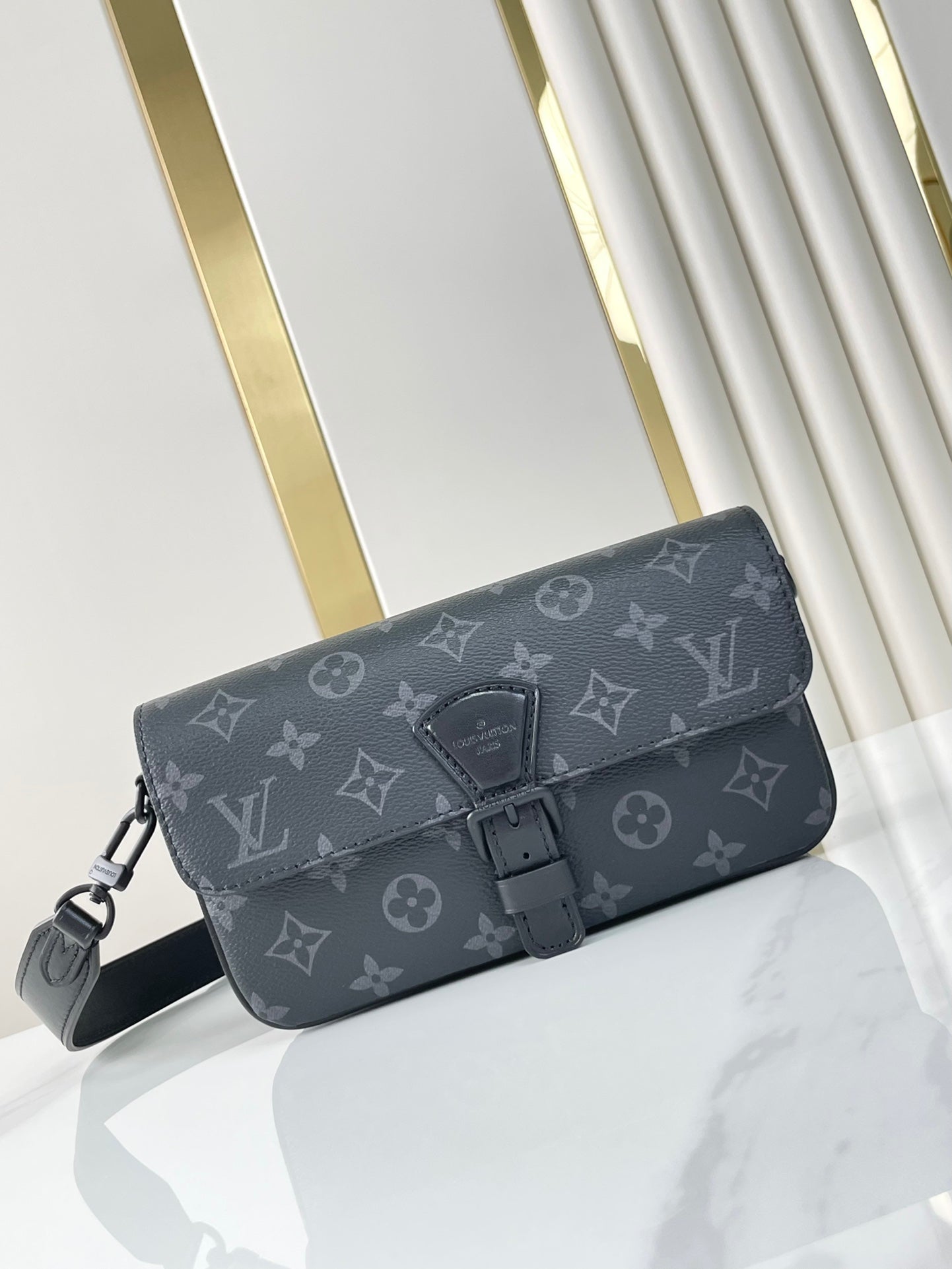 LOUIS VUITTON MONTSOURIS WEARABLE WALLET 22 IN GUN METAL MONOGRAM ECLIPSE CANVAS
