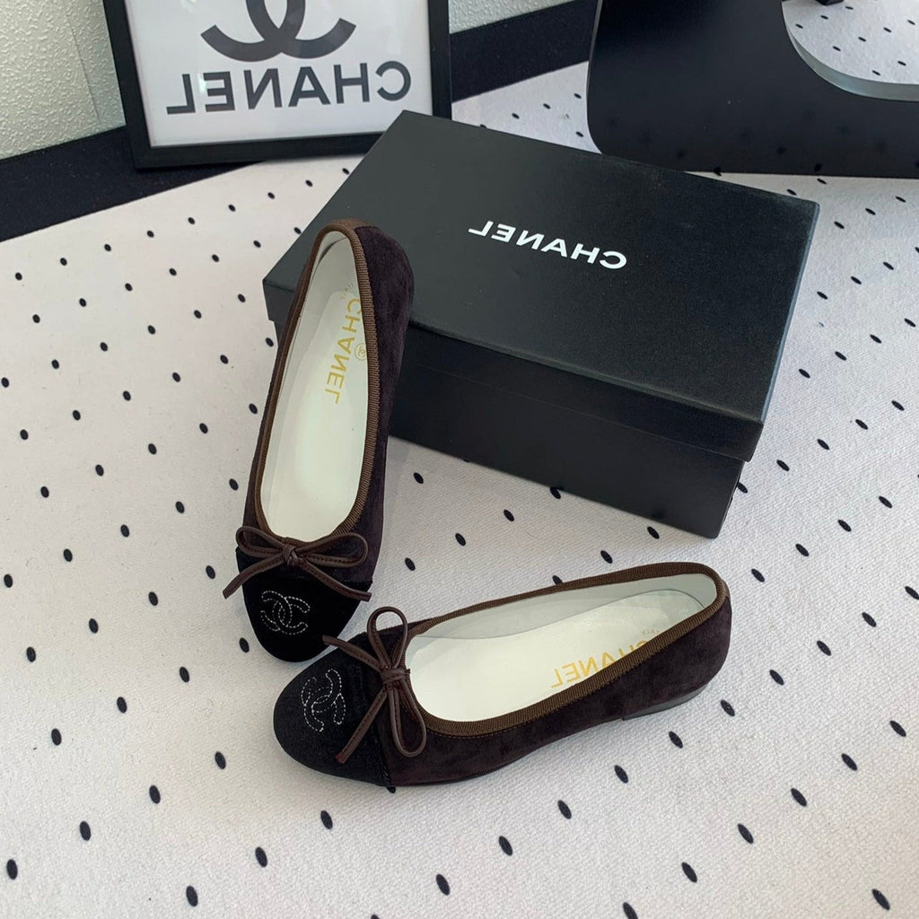CHANEL BALLET FLAT DARK BROWN MIX BLACK VELVET