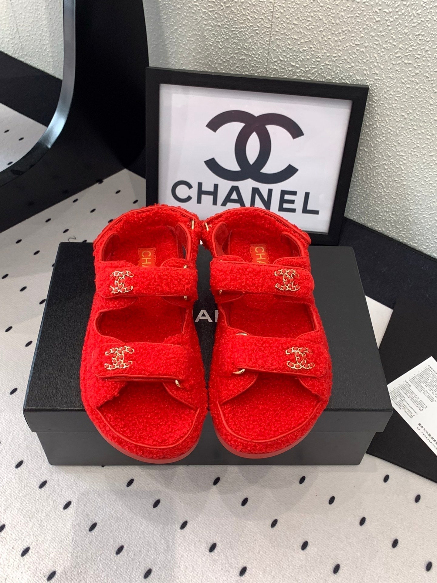 CHANEL DAD SANDAL CRIMSON RED LAMB FUR