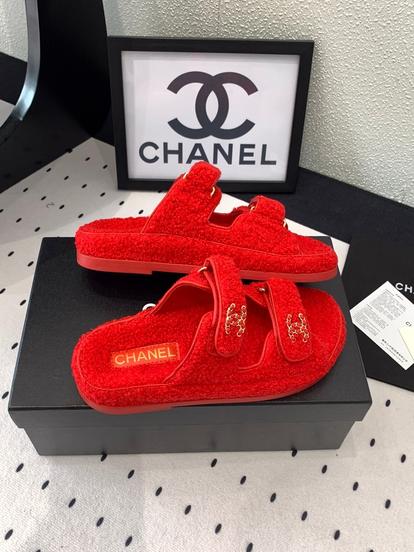 CHANEL DAD SANDAL MULE IN CRIMSON RED LAMB FUR