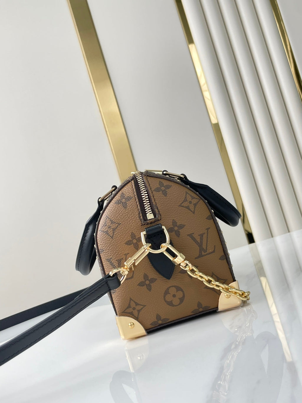 LOUIS VUITTON SPEEDY TRUNK 20 IN BROWN MONOGRAM CANVAS AND BLACK CALFSKIN TRIM GOLD BUCKLE
