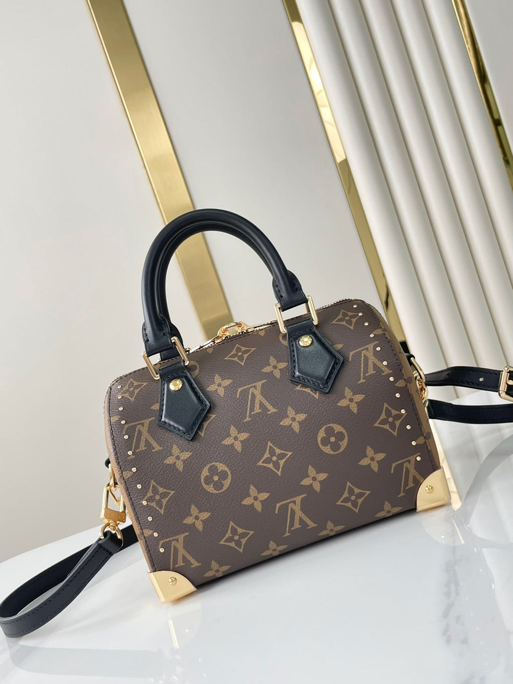 LOUIS VUITTON SPEEDY TRUNK 20 IN BROWN MONOGRAM CANVAS AND BLACK CALFSKIN TRIM GOLD BUCKLE