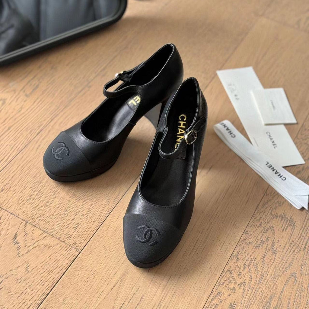 CHANEL MARY JANE HIGH HEEL 9.5 BLACK CALFSKIN