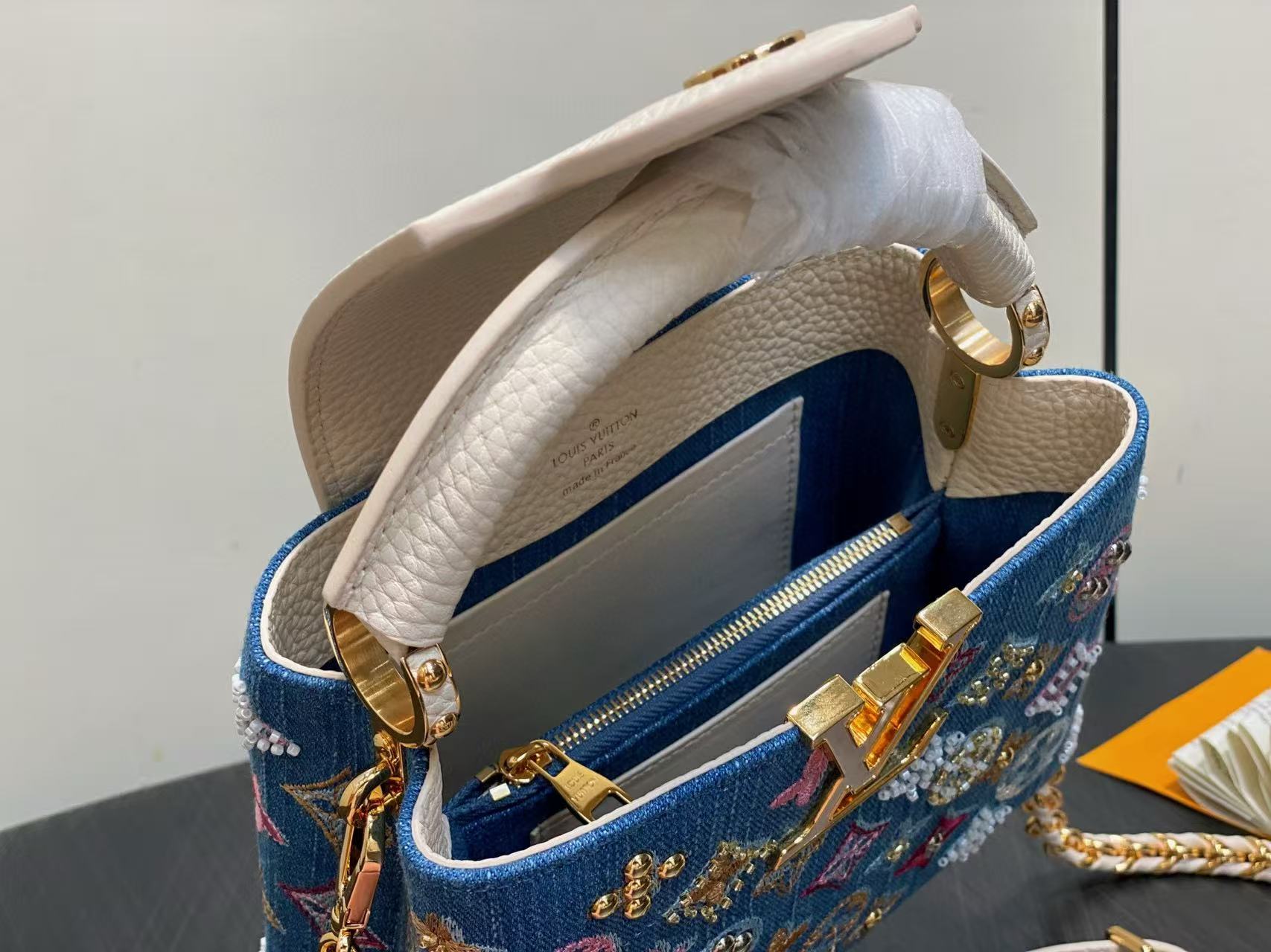 LOUIS VUITTON LV CAPUCINES BAG 21 PINIC IN COLORFUL DENIM GOLD HARDWARE