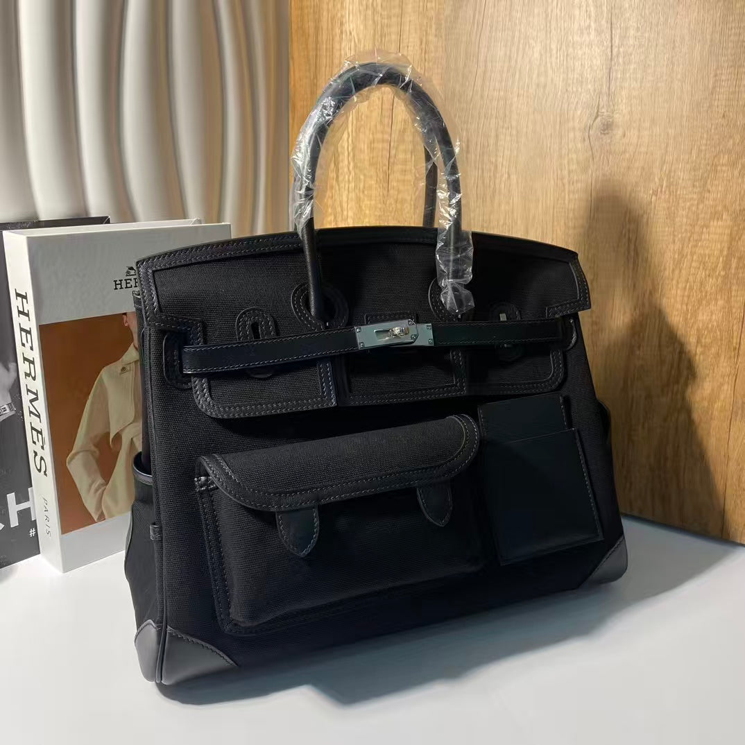 HERMES BIRKIN CARGO 35CM BLACK CANVAS AND LEATHER SILVER HARDWARE