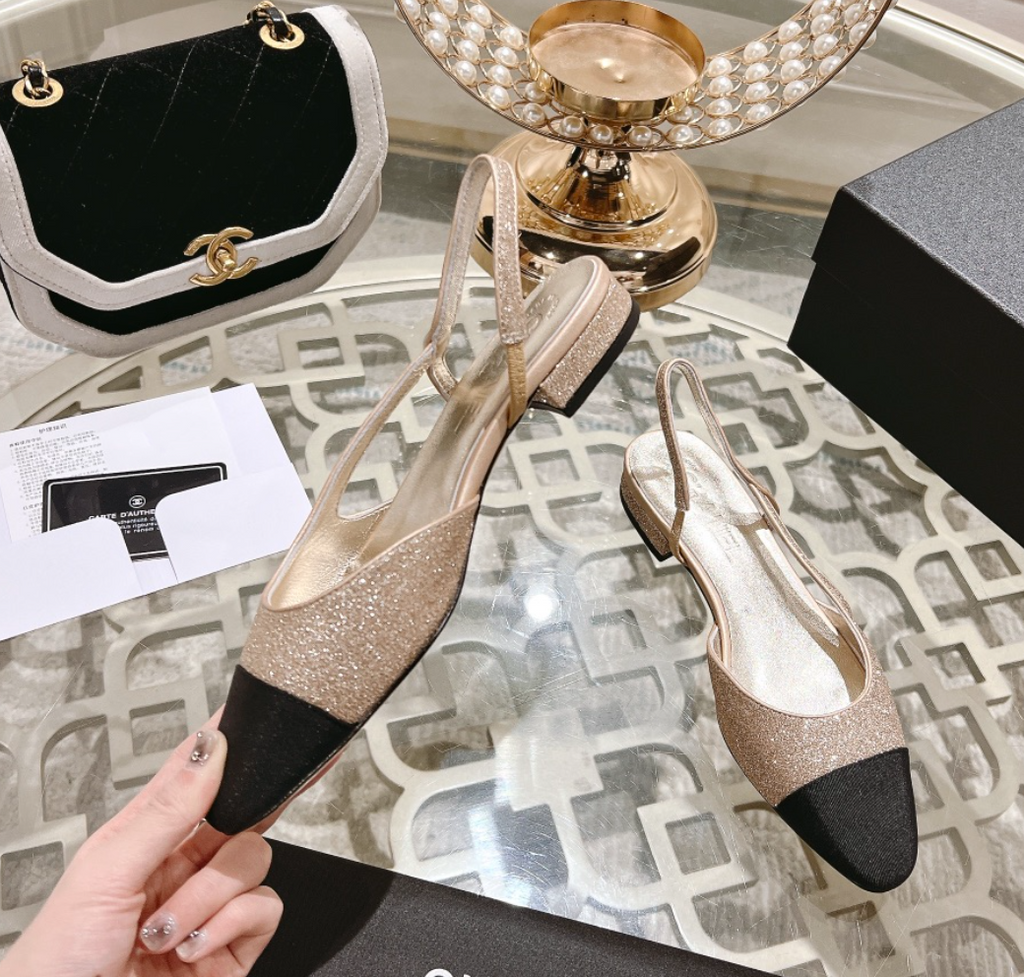 CHANEL slingback 2.5 glitter ligh pink black grossgain