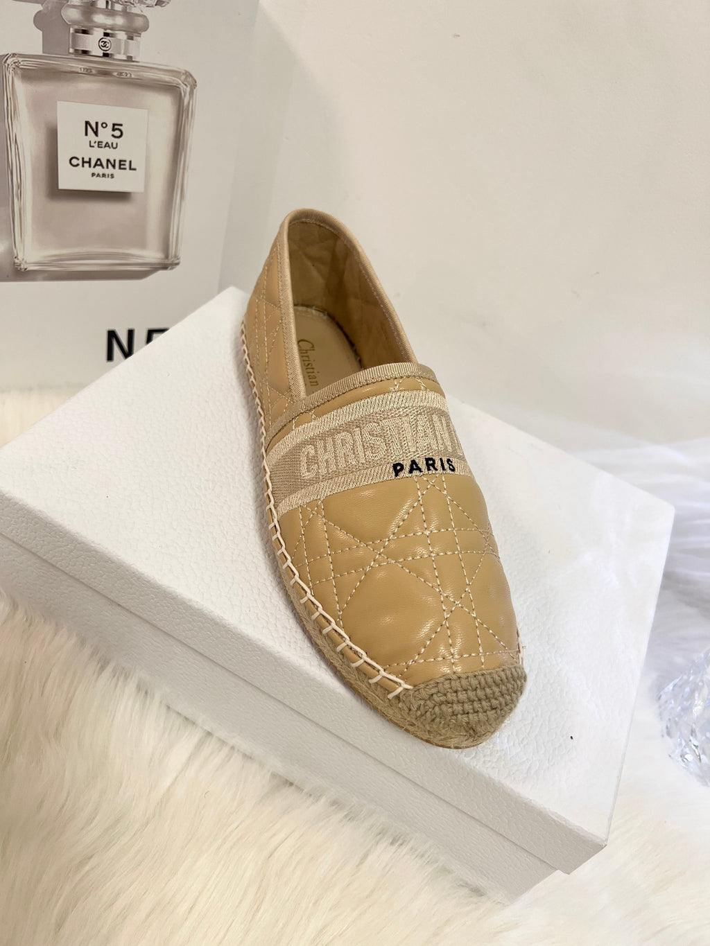 DIOR GRANVILLE ESPADRILLE CAMEL BEIGE QUILTED CANNAGE CALFSKIN
