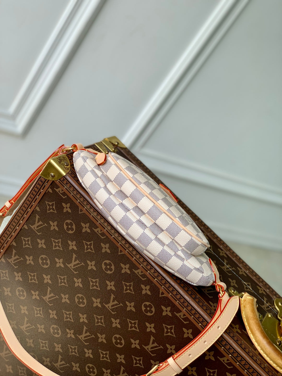 LOUIS VUITTON KEEPIT BUMBAG 29 IN WHITE GREY CHECKERBOARD PATTERN DAMIER AZUR COATED CANVAS