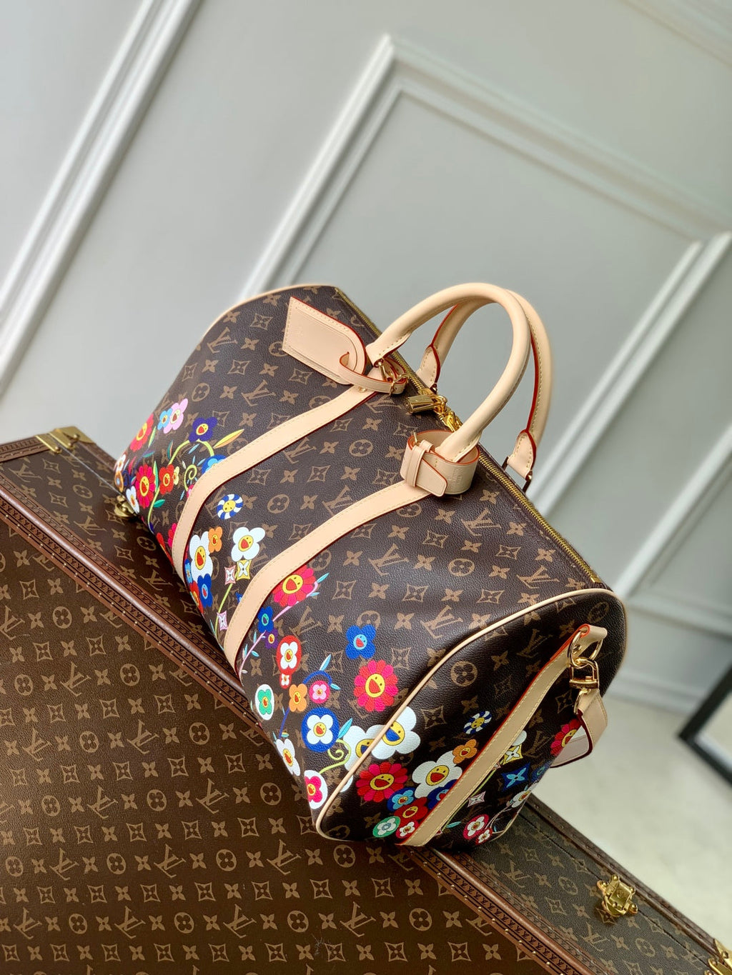 LOUIS VUITTON KEEPALL BANDOULIÈRE  FLORAL 45 IN BROWN MONOGRAM COATED CANVAS