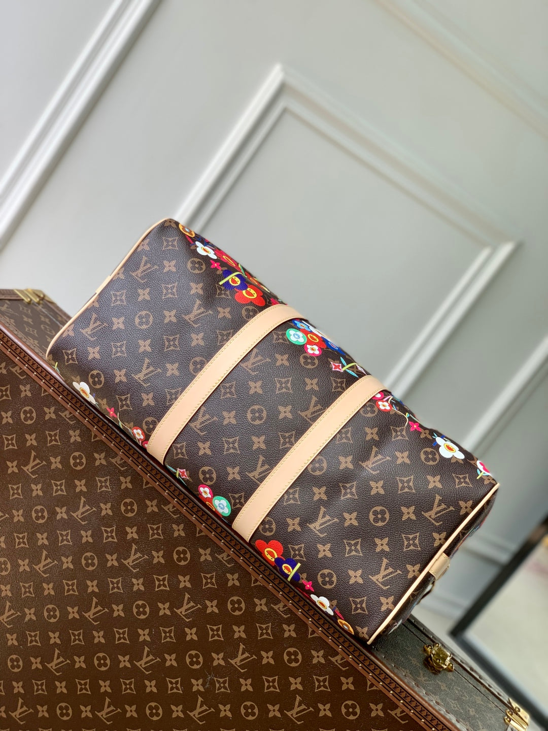 LOUIS VUITTON KEEPALL BANDOULIÈRE  FLORAL 45 IN BROWN MONOGRAM COATED CANVAS