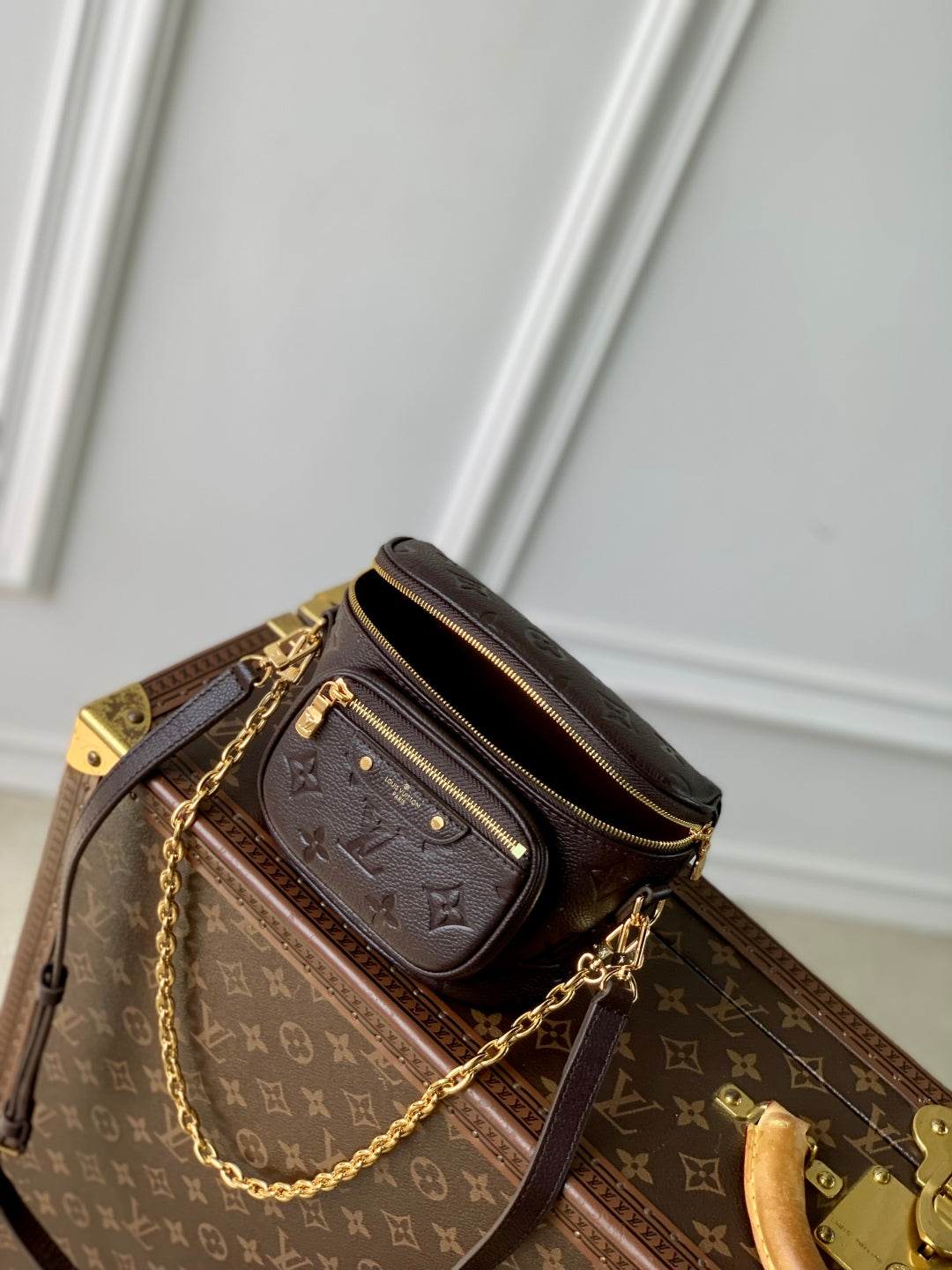 LOUIS VUITTON MINI BUMBAG 17 IN DARK BROWN MONOGRAM EMBOSSED LOGO CALFSKIN