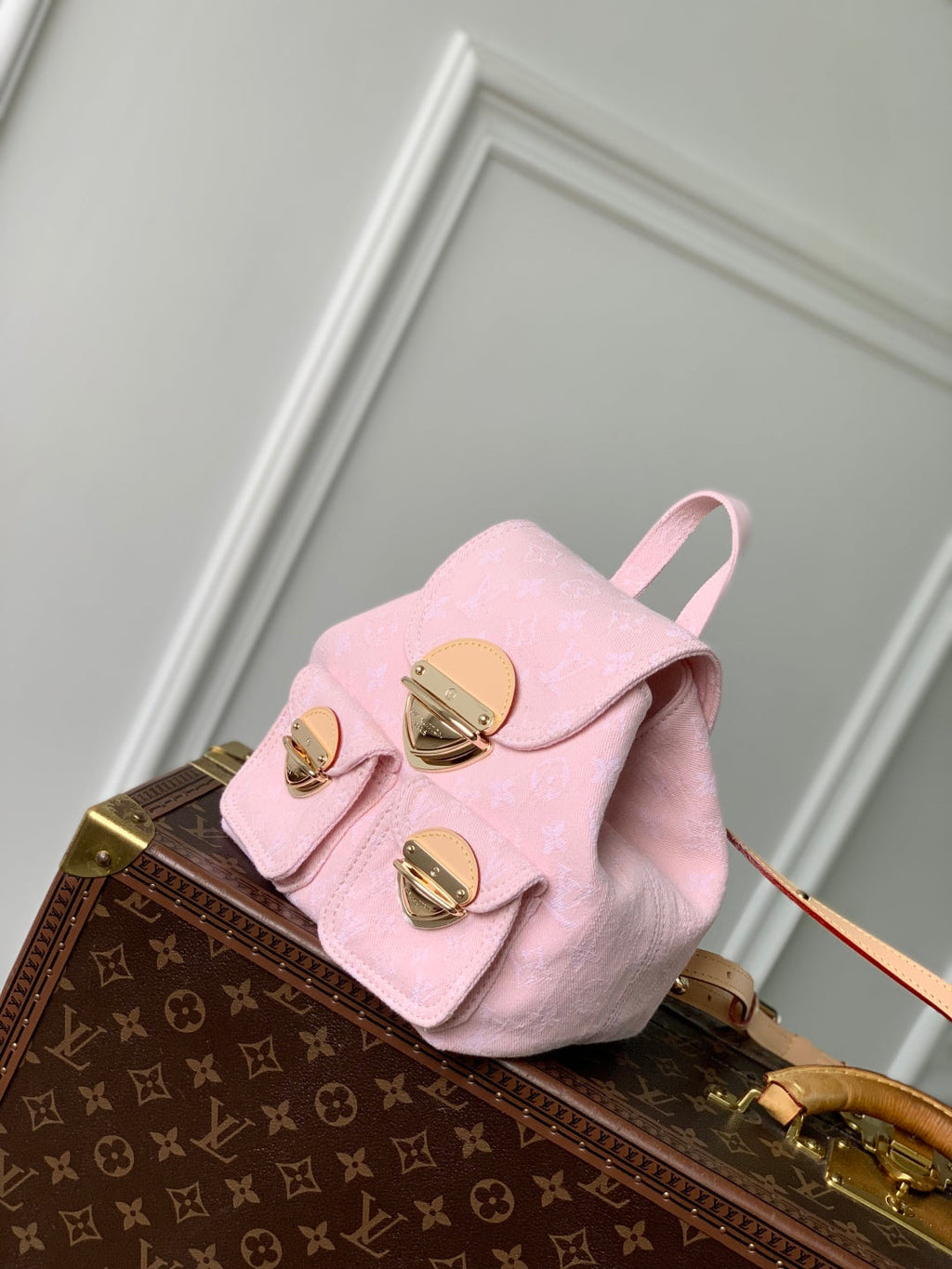 LOUIS VUITTON VENICE BACKPACK 24 IN PINK MONOGRAM DENIM GOLD HARDWARE