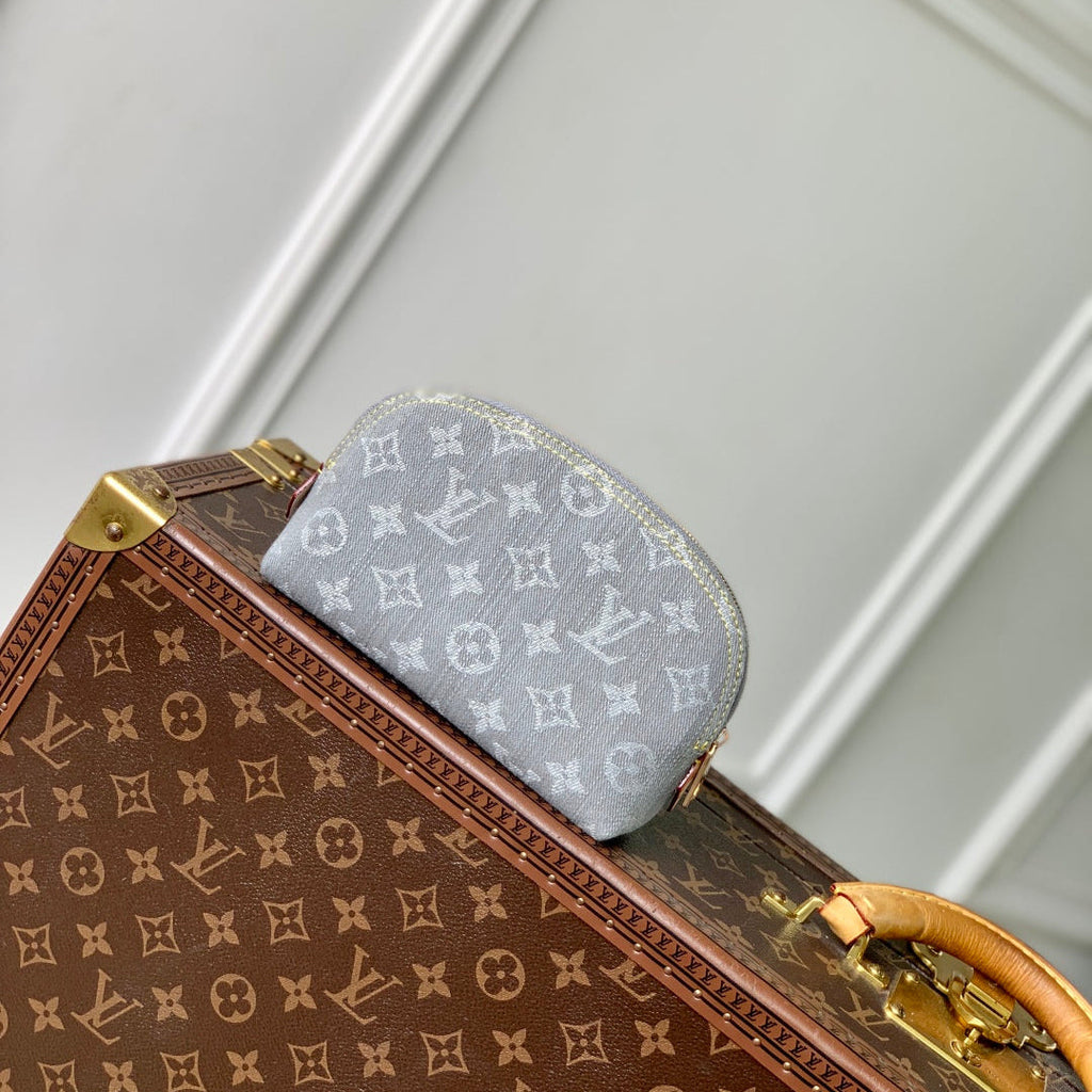 LOUIS VUITTON COSMETIC POUCH 19 IN GREY MONOGRAM DENIM GOLD HARDWARE