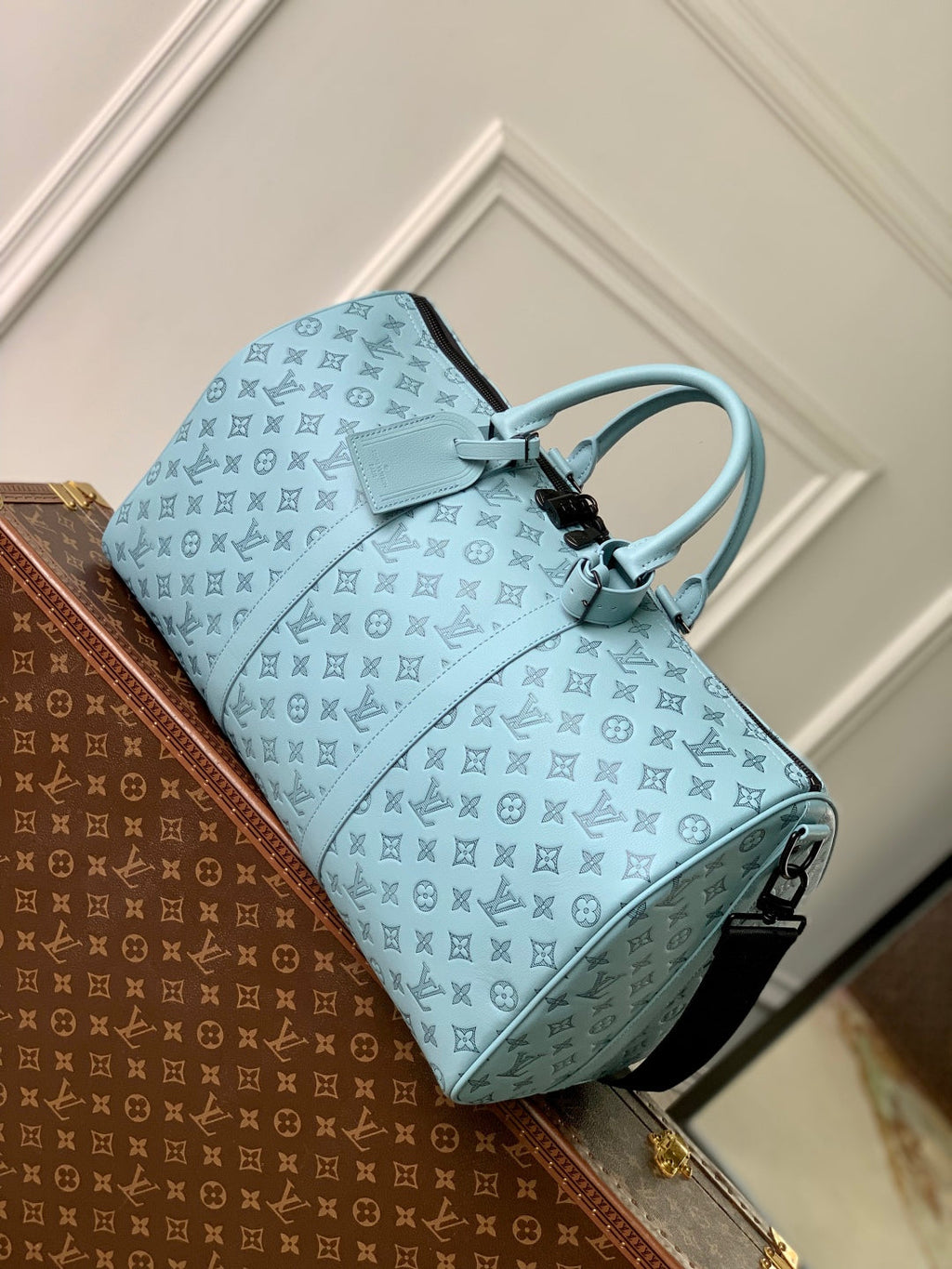 LOUIS VUITTON KEEPALL BANDOULIÈRE 50 IN SKY BLUE MONOGRAM SHADOW EMBOSSED CALFSKIN