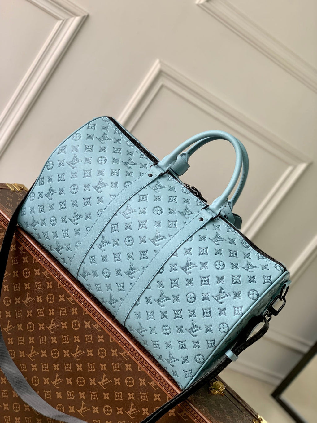 LOUIS VUITTON KEEPALL BANDOULIÈRE 50 IN SKY BLUE MONOGRAM SHADOW EMBOSSED CALFSKIN