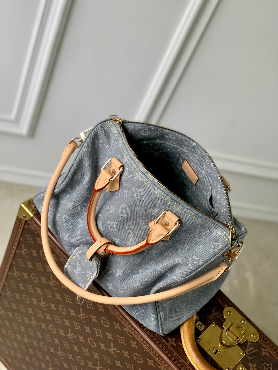 LOUIS VUITTON SPEEDY SOFT 30 IN GREY MONOGRAM DENIM LIGHT BROWN CALFSKIN