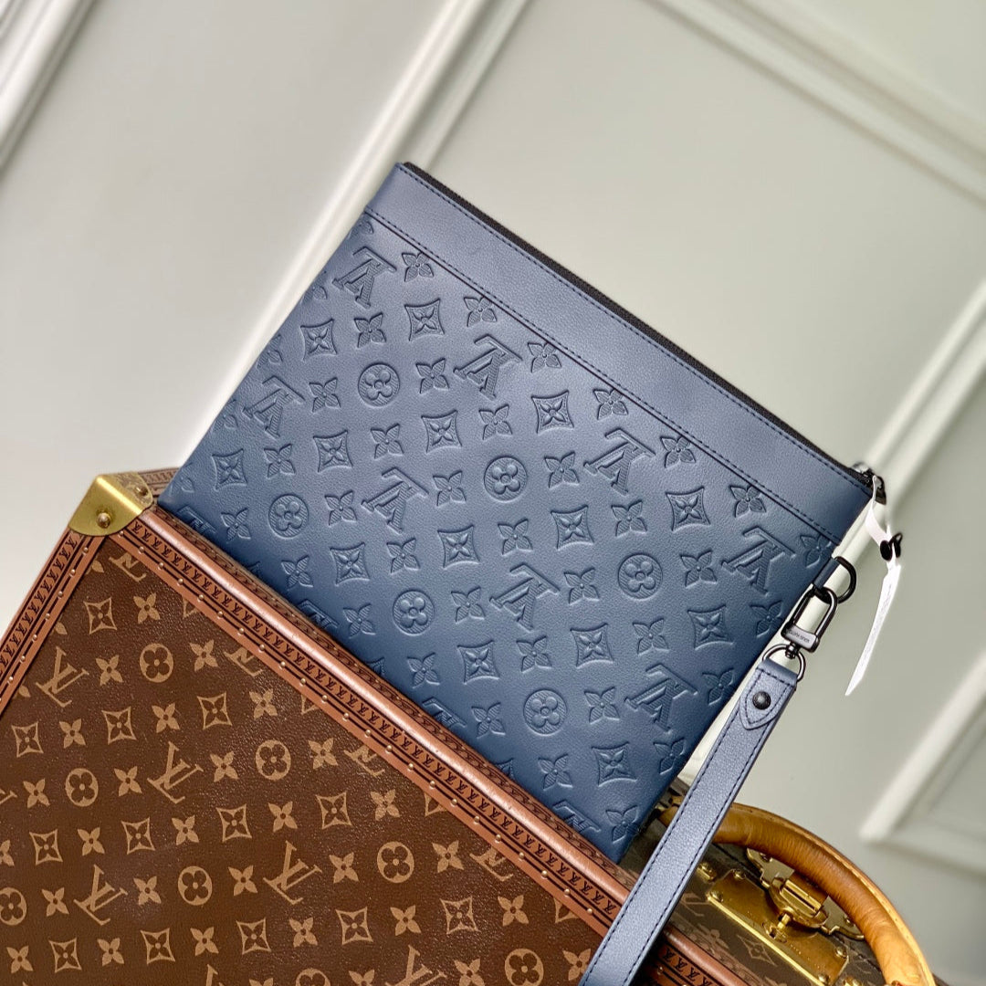LOUIS VUITTON POCHETTE TOGO 30 IN DARK BLUE MONOGRAM ECLIPSE CALFSKIN EMBOSSED LOGO