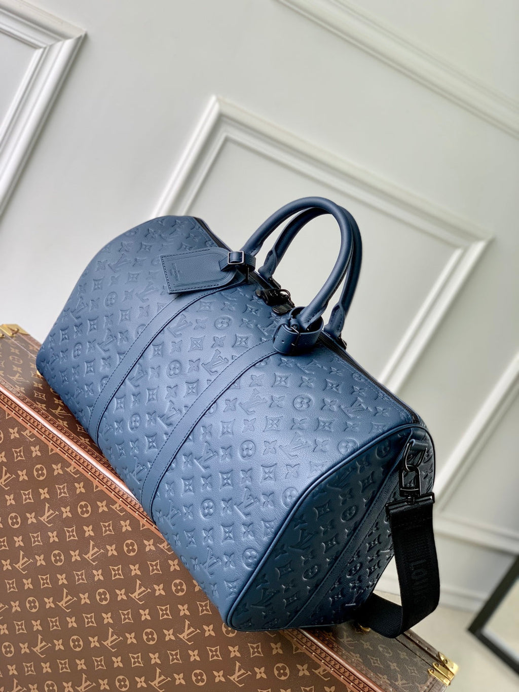 LOUIS VUITTON KEEPALL BANDOULIÈRE 50 IN DARK BLUE MONOGRAM SHADOW EMBOSSED CALFSKIN
