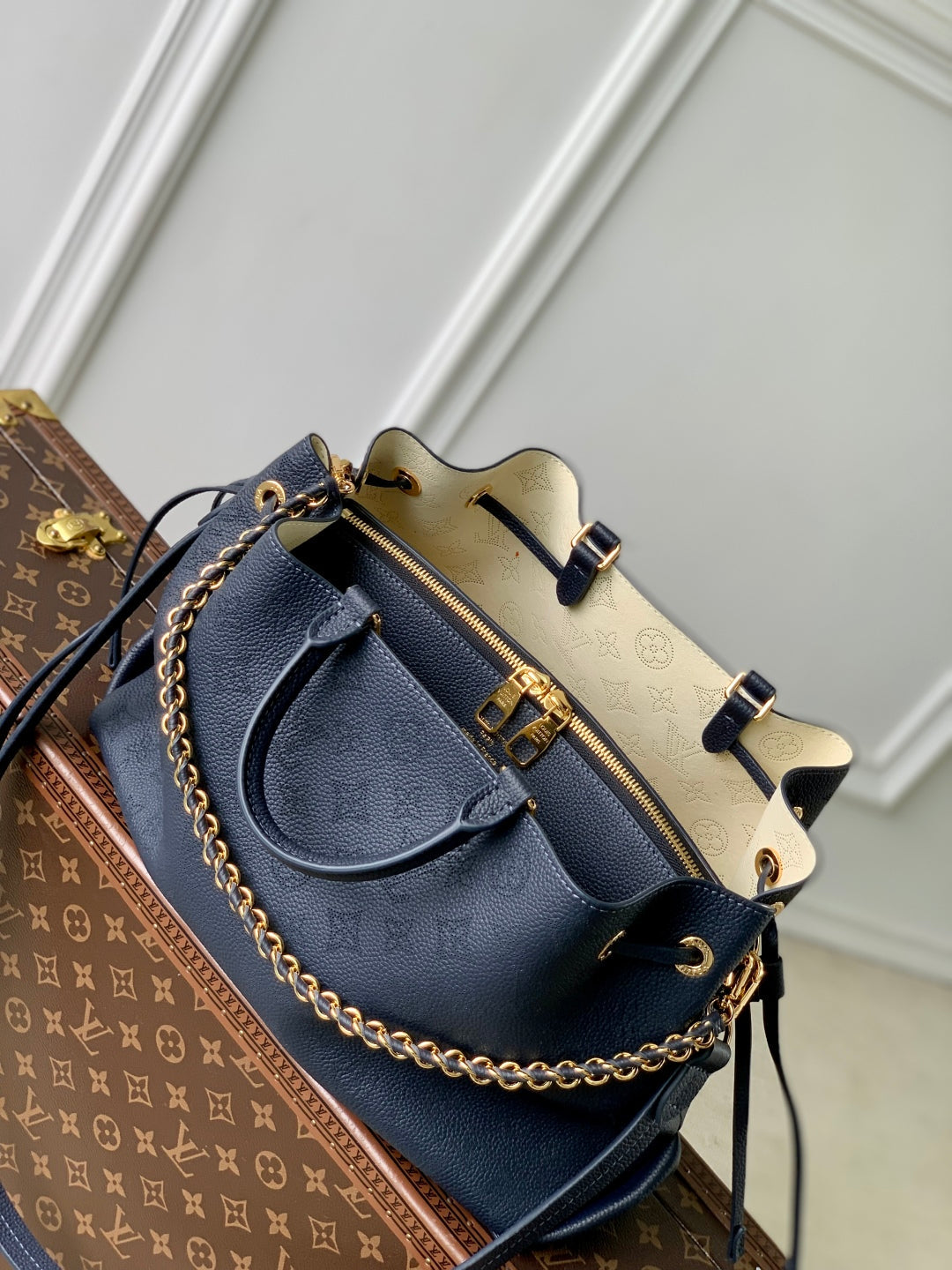 LOUIS VUITTON BELLA TOTE 32 IN DARK BLUE MONOGRAM PERFORATED CALFSKIN GOLD HARDWARE