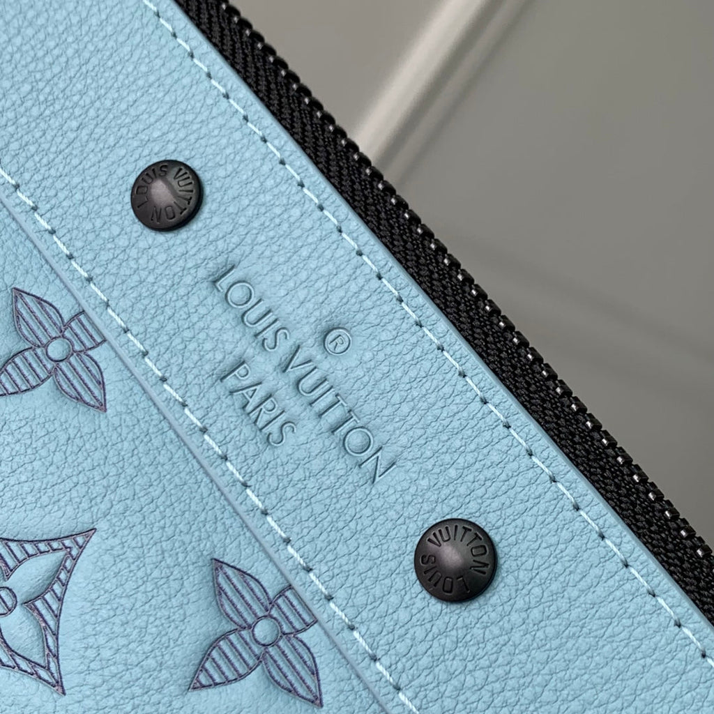 LOUIS VUITTON POCHETTE TO GO 30 IN SKY BLUE MONOGRAM SHADOW CALFSKIN EMBOSSED LOGO