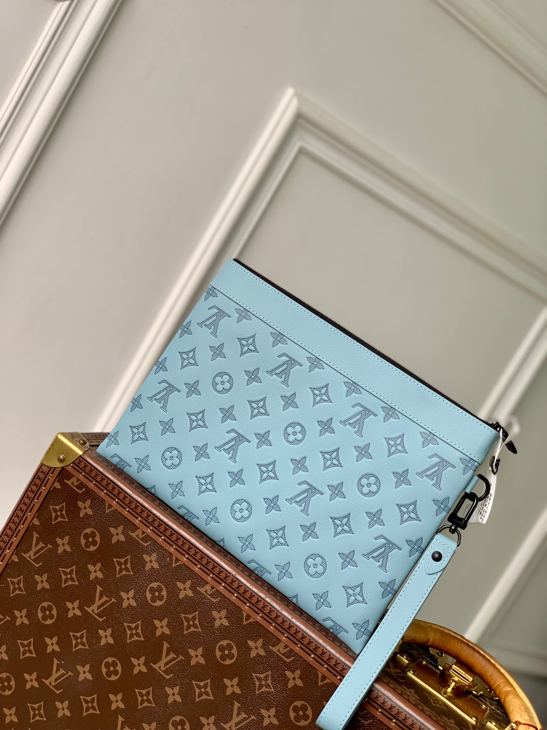 LOUIS VUITTON POCHETTE TO GO 30 IN SKY BLUE MONOGRAM SHADOW CALFSKIN EMBOSSED LOGO