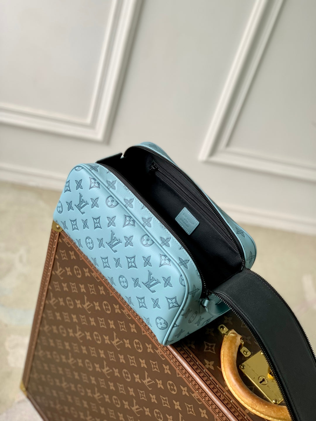 LOUIS VUITTON DOPP KIT 28 IN SKY BLUE MONOGRAM SHADOW CALFSKIN EMBOSSED LOGO