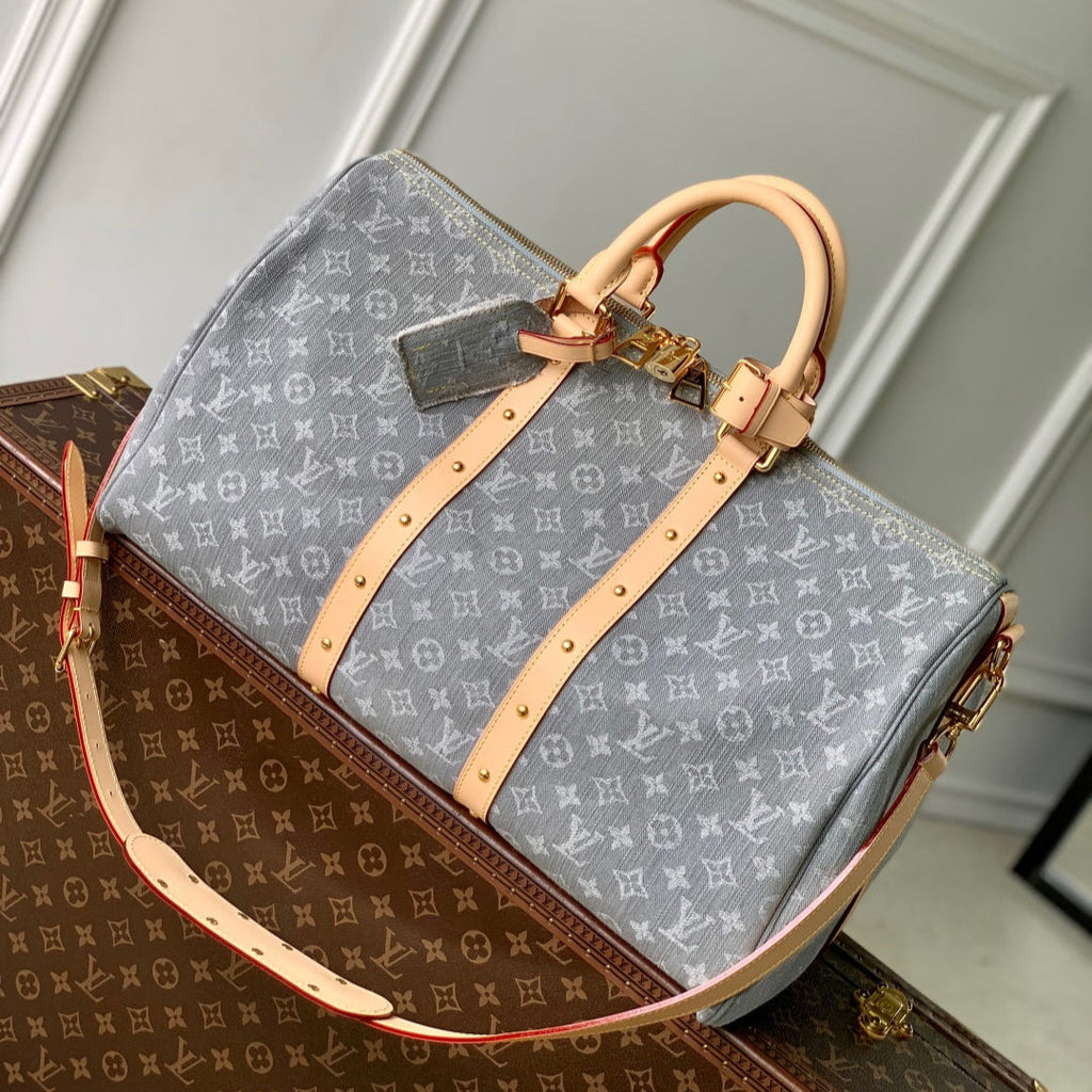 LOUIS VUITTON KEEPALL BANDOULIÈRE 45 IN GREY MONOGRAM DENIM LIGHT BROWN CALFSKIN