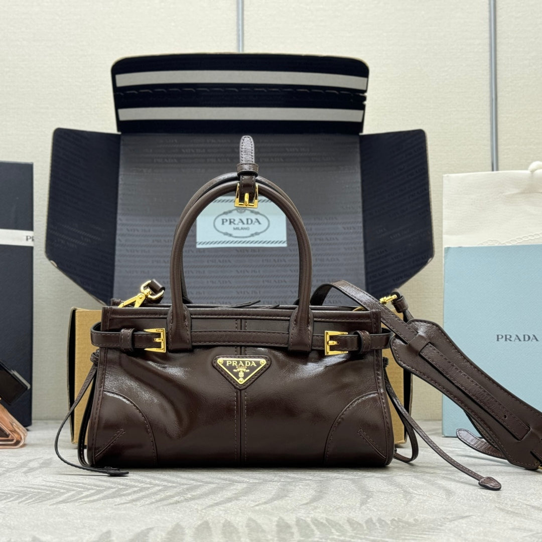PRADA 25S BONNIE MINI HANDBAG 23 IN RK BROWN CALFSKIN GOLD HARDWARE