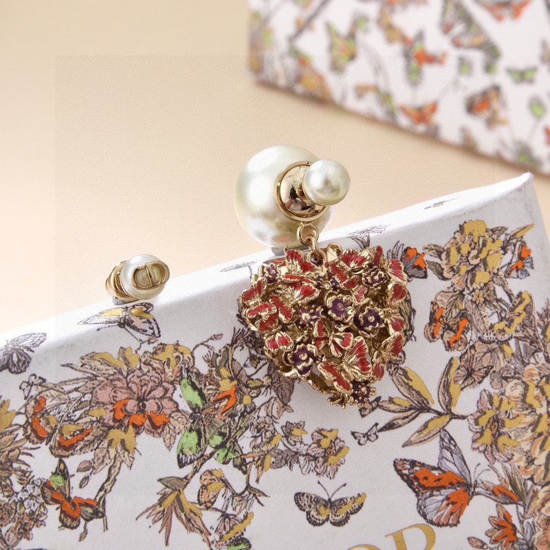18K Dior Tribales Red Flower Heart Faux Pearl Earrings