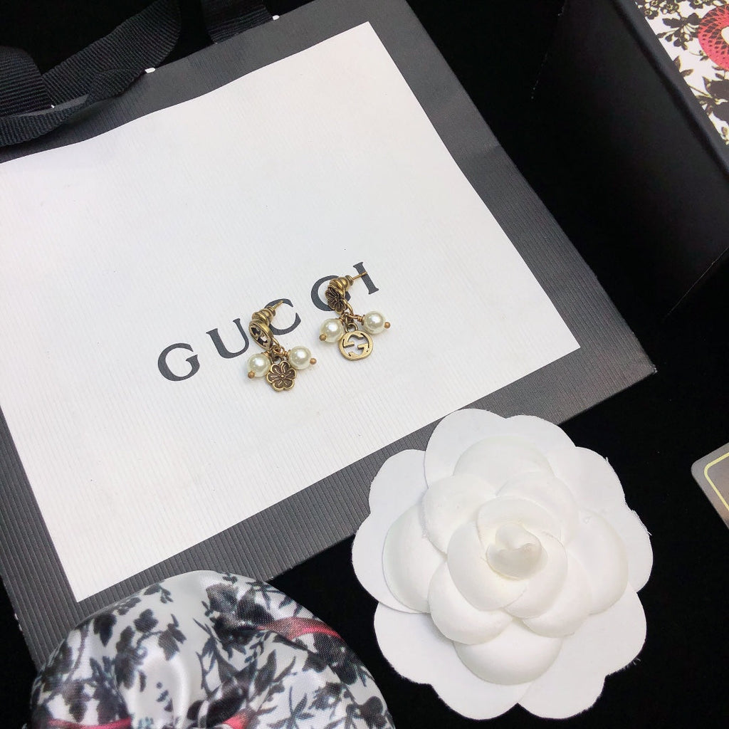 18K Double Gucci Flower & Pearl Pendant Earrings
