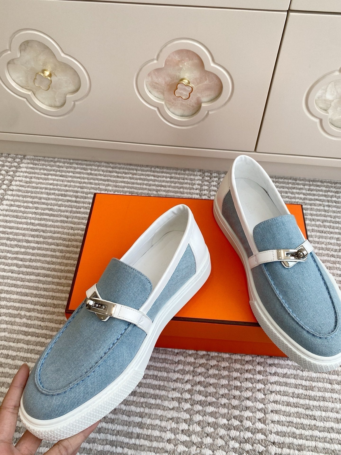 HERMES 25S SLIP-ON IN SKY BLUE CANVAS WITH SILVER HARDWARE
