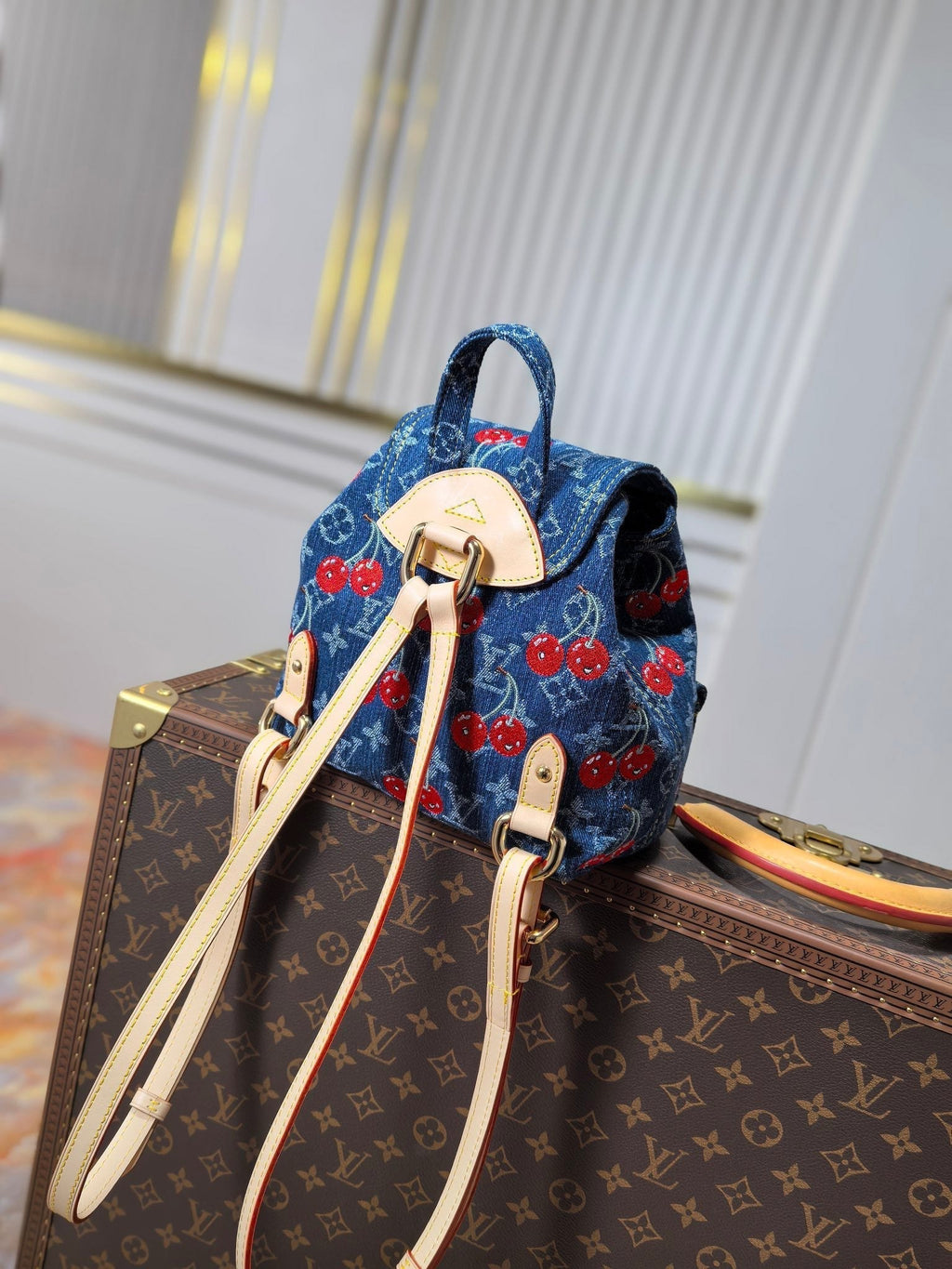 LOUIS VUITTON LV 25S VENICE BACKPACK 26 IN BLUE DENIM MONOGRAM CHERRY GOLD HARDWARE